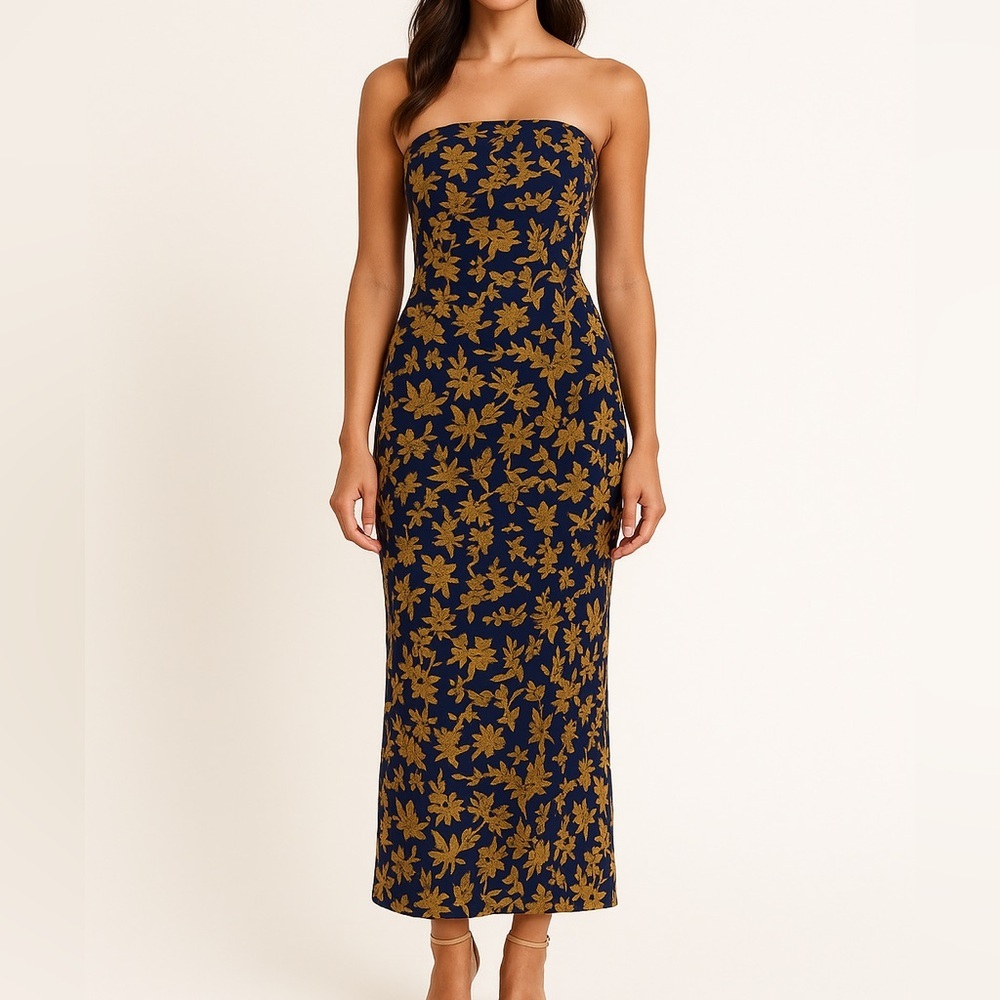 BTFBM Strapless Floral Maxi Dress Navy/Gold Size L